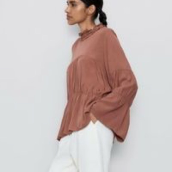 Zara Rose Pink Smocked High Neck Tiered Bell Sleeve Top Blouse Small - Picture 2 of 8